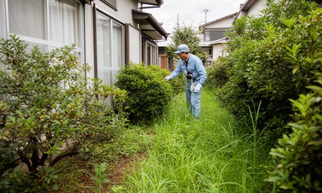 伊勢崎市の住宅の庭で、伸びた草と敷地沿いの植木の状態を確認している様子