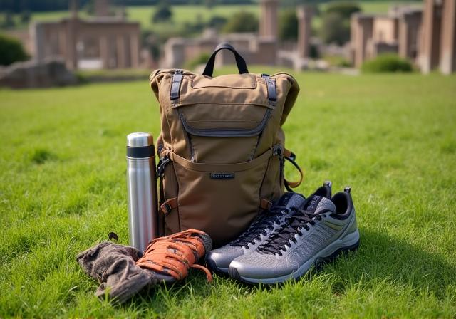 Zaino da trekking e scarpe da escursionismo su un prato