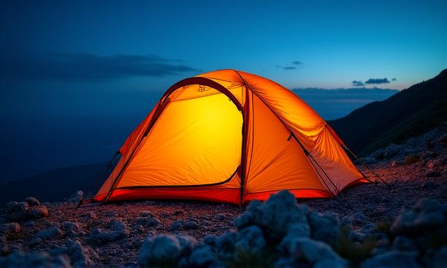 Una tenda tecnica montata su una cresta dell'Appennino centrale sotto un cielo stellato