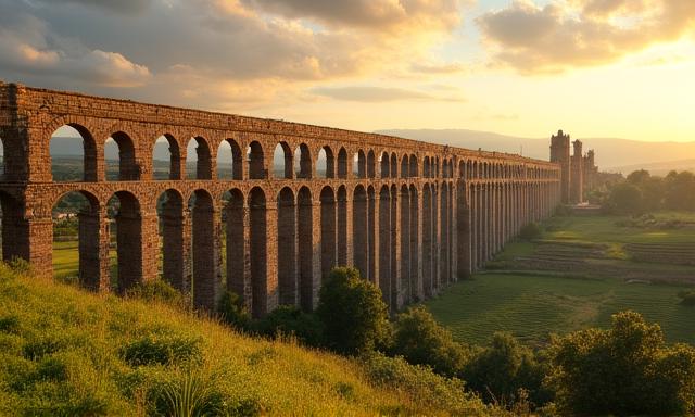 Il monumentale Acquedotto Claudio che attraversa la campagna romana nella luce dorata