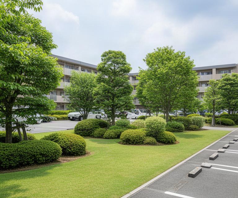 群馬県の集合住宅で、剪定された植栽と芝生が駐車場沿いに整った共用緑地