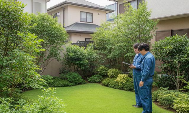伊勢崎市の住宅の庭で、手入れされた芝生と植栽の状態を確認する現地調査の様子