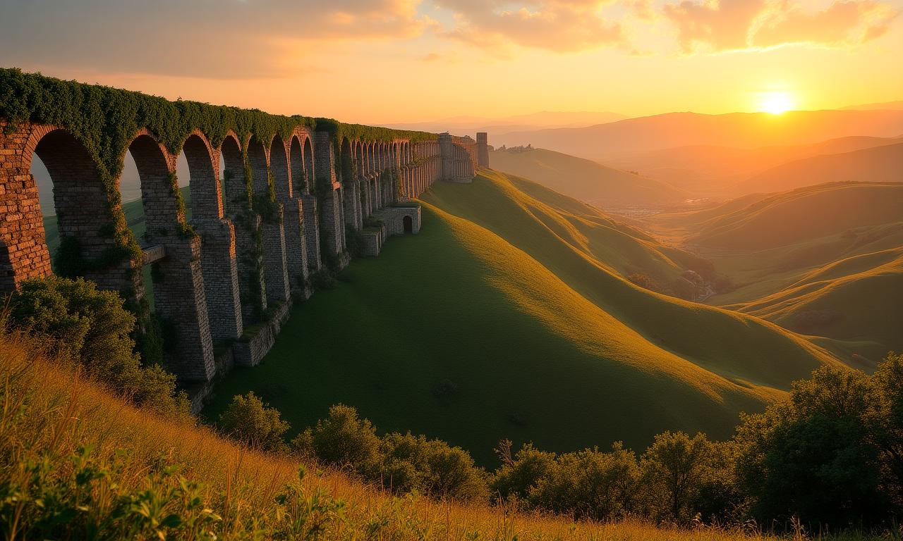 Antico acquedotto romano immerso nella rigogliosa natura laziale al tramonto