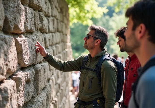 Guida esperta che spiega le origini di una rovina romana a un gruppo di escursionisti