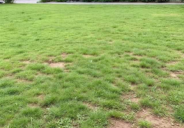 芝の密度にむらがある住宅の庭、土が部分的に見える芝生の状態