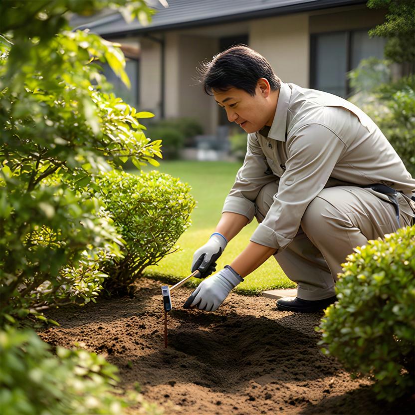 庭師が住宅の庭で土の状態と植栽の間隔を確認し、周囲の光の入り方を見ている様子