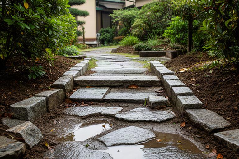 住宅の庭にある高さの異なる縁石と、雨で濡れた不揃いな歩行箇所