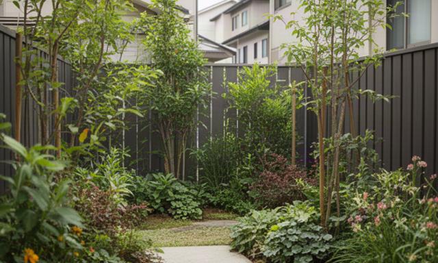 狭い住宅の庭でフェンス沿いに高さを変えて植栽し、圧迫感を抑えた目隠しのプラン例
