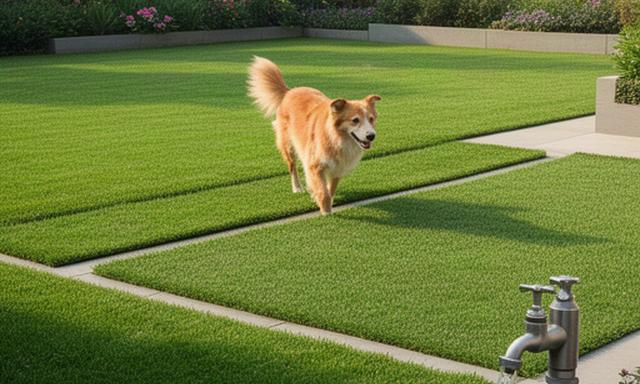 犬が歩けるよう区画を分けた天然芝の庭と、芝生の縁に設けた散水用の水栓