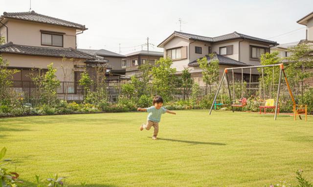 住宅の平らな天然芝の庭で子どもが遊び、庭の端には植栽と遊具が配置された様子