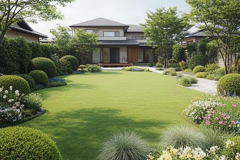 群馬県の戸建て住宅の庭で、見通しのよい芝生の周りに低木と草花を配置した安全に歩きやすい植栽例