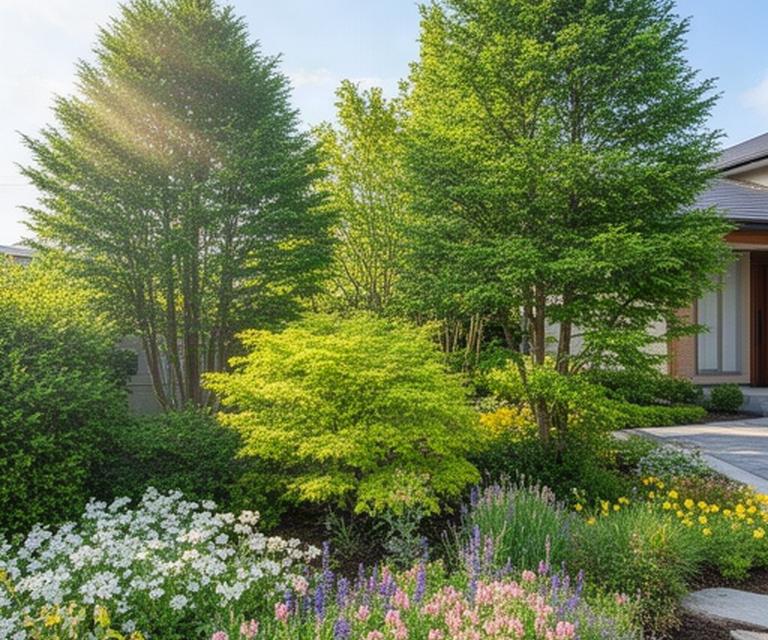 群馬県の住宅の庭に植えられた常緑樹と季節の草花、明るい日差しが差し込む植栽風景