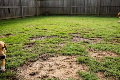 犬が遊ぶ庭で芝の傷みと土の露出が見られる施工前イメージ