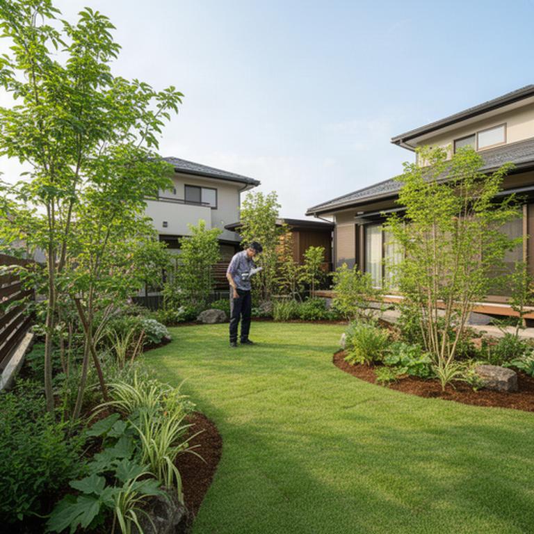 群馬県の住宅の庭に植栽と芝生を配置し、自然光の中で仕上がりを確認している造園の様子