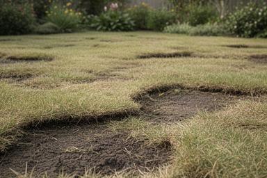 芝生の張り替え前に、地面の凹凸と傷んだ芝の状態を確認する庭