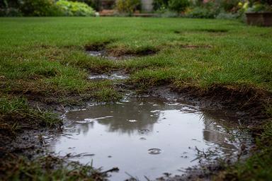 芝生の一部に水が残り、地面が不均一になった庭の施工前イメージ