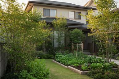 新築住宅の庭に目隠しになる植栽と小さな家庭菜園を配置した完成イメージ